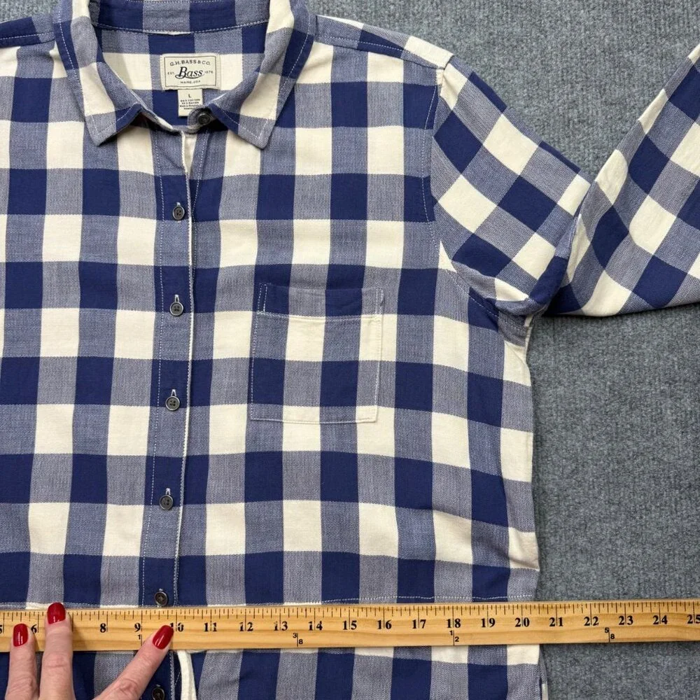 GH Bass Gingham Plaid Shirt Dress Blue White Womens L Preppy Nautical‎ Normcore